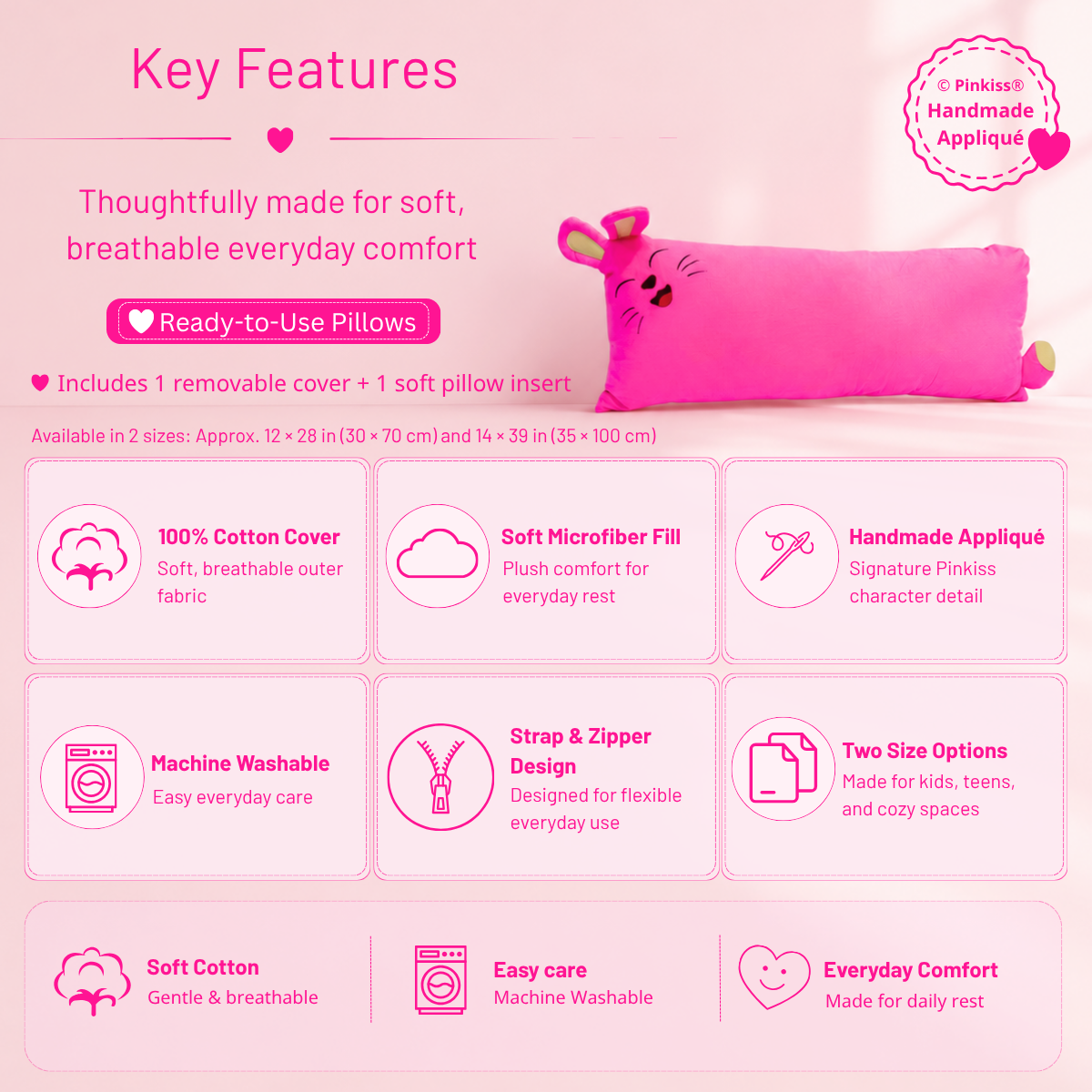 Key features of Pinkiss Character Multi-Use Pillow with cotton cover and soft inner pillow