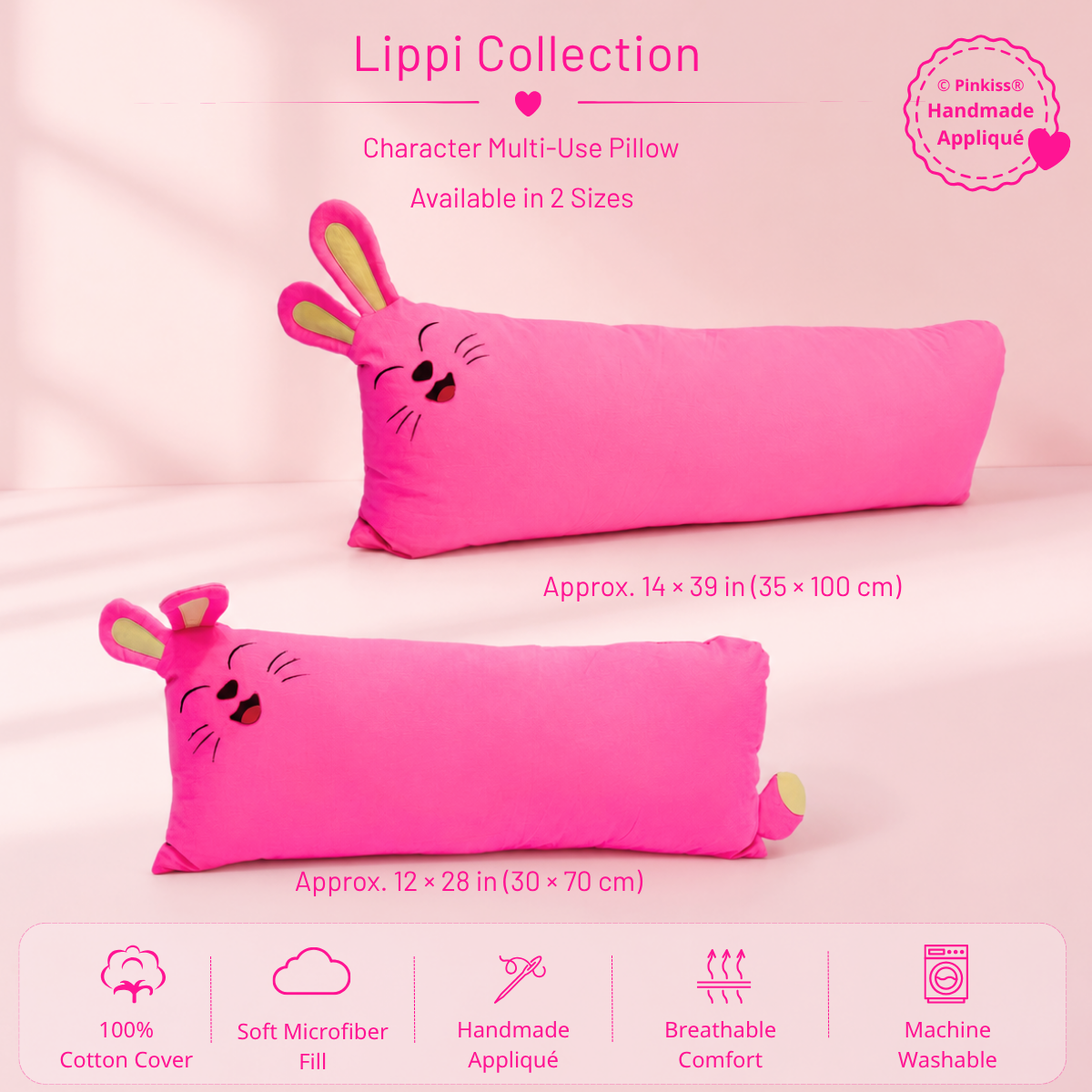 Pinkiss Lippi pink bunny character multi-use pillow in two sizes