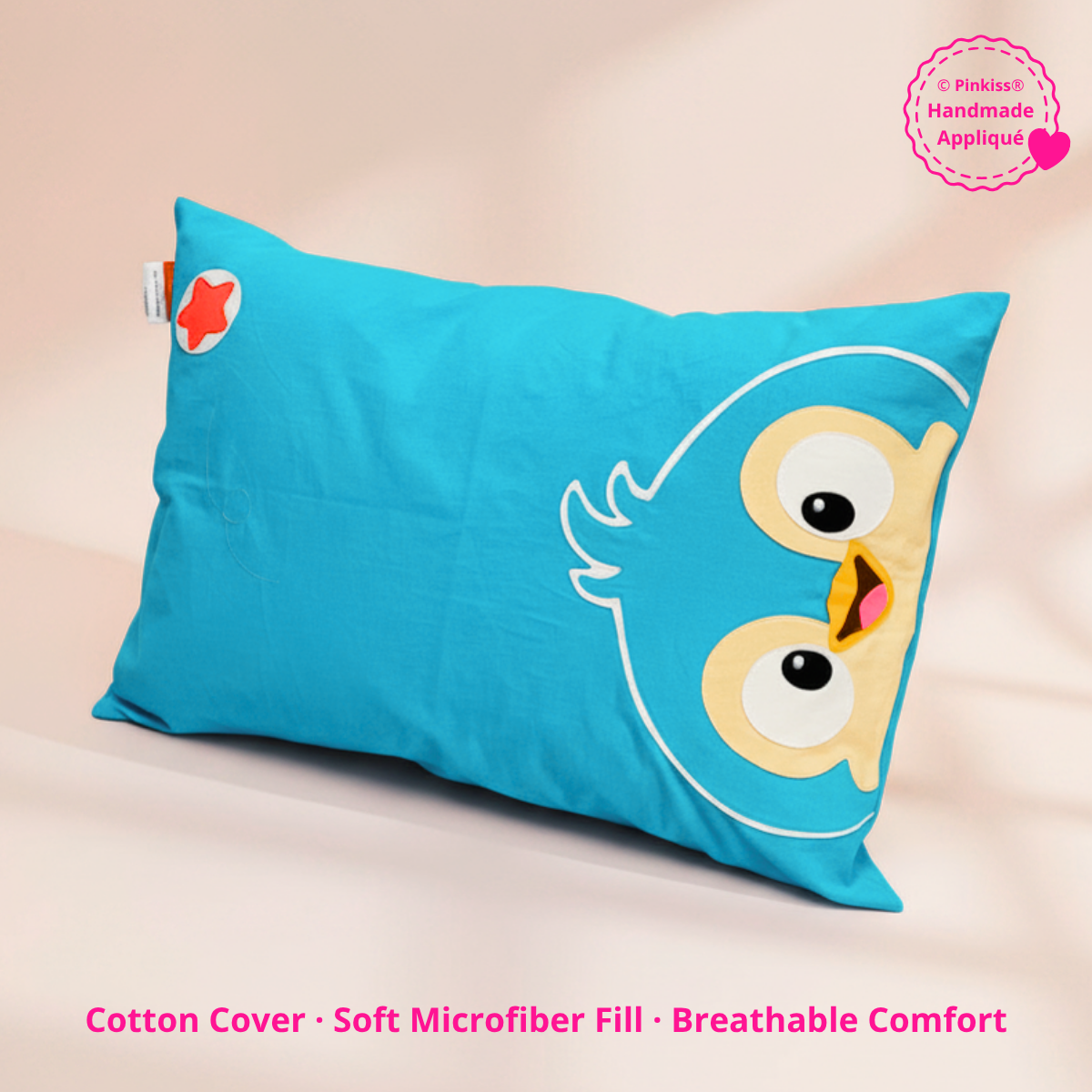 Pinkiss Teen and Adult Sleep Pillow with removable cotton cover and handmade appliqué details
