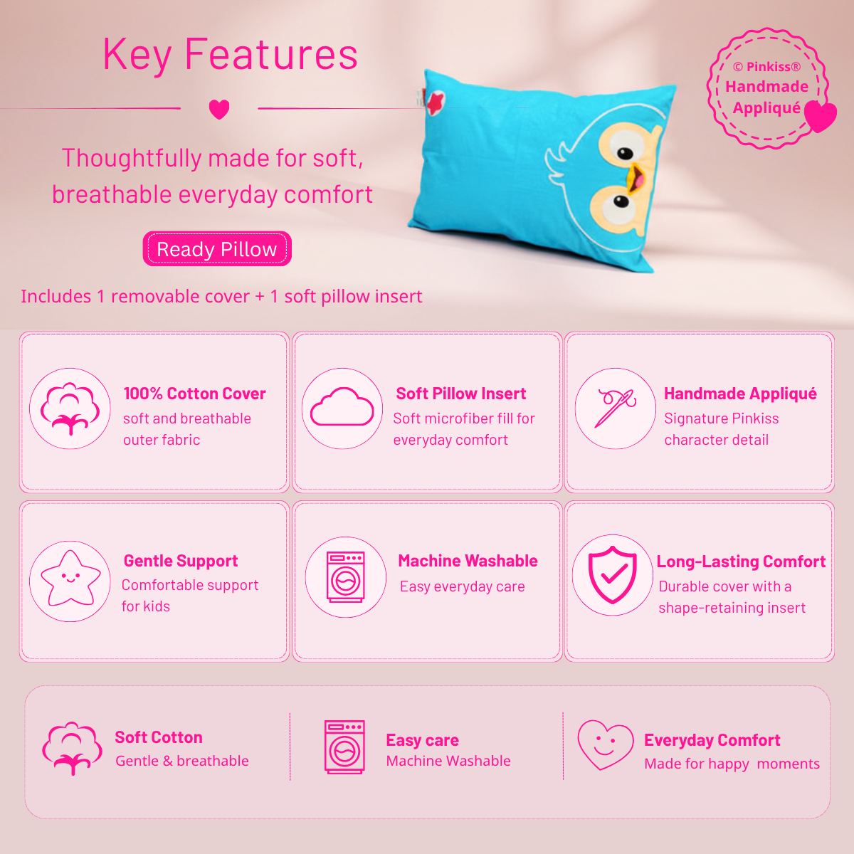 Key features of Pinkiss Teen and Adult Sleep Pillow with cotton cover and soft inner pillow