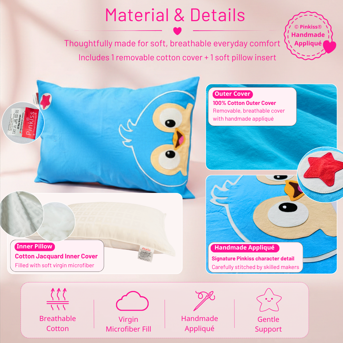 Pinkiss Yo Sapphire Blue Teen and Adult Sleep Pillow material details with cotton cover, inner pillow, microfiber fill, and handmade appliqué