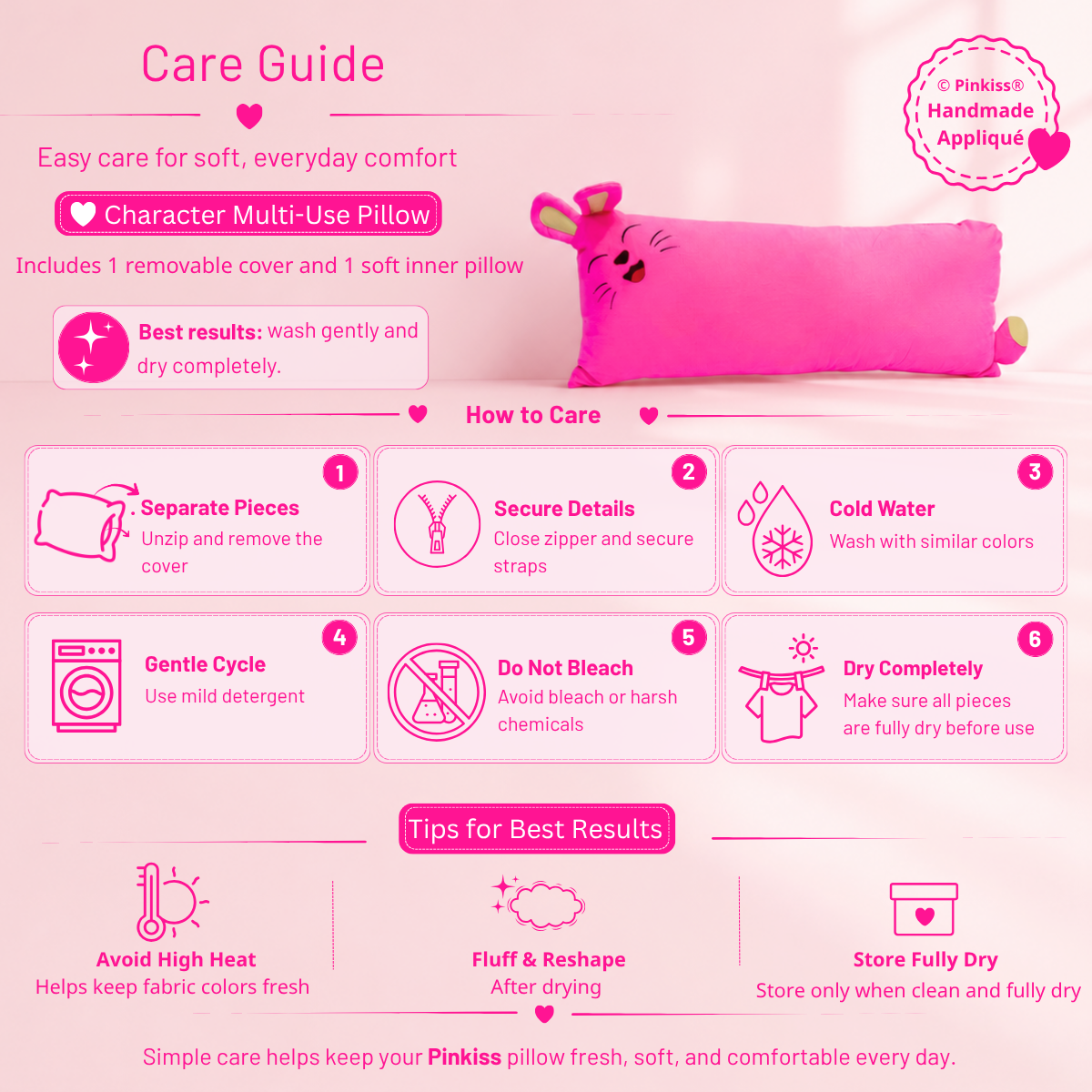 Care guide for Pinkiss Character Multi-Use Pillow with removable cover, zipper, and straps