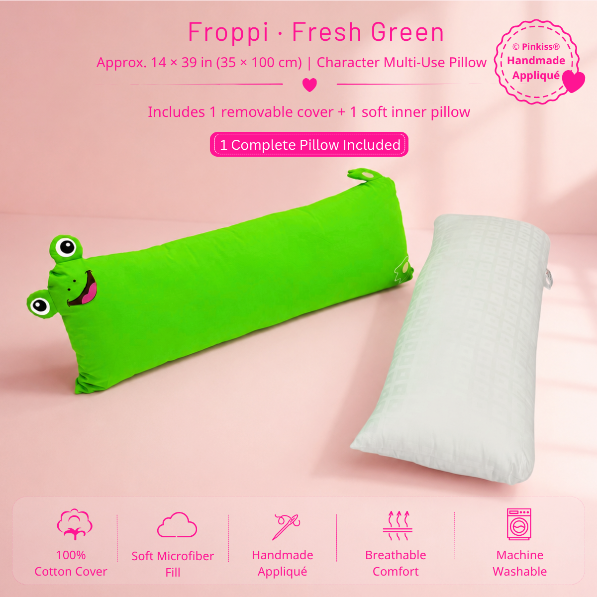 Froppi green frog Character Multi-Use Pillow, approx. 14 by 39 inches