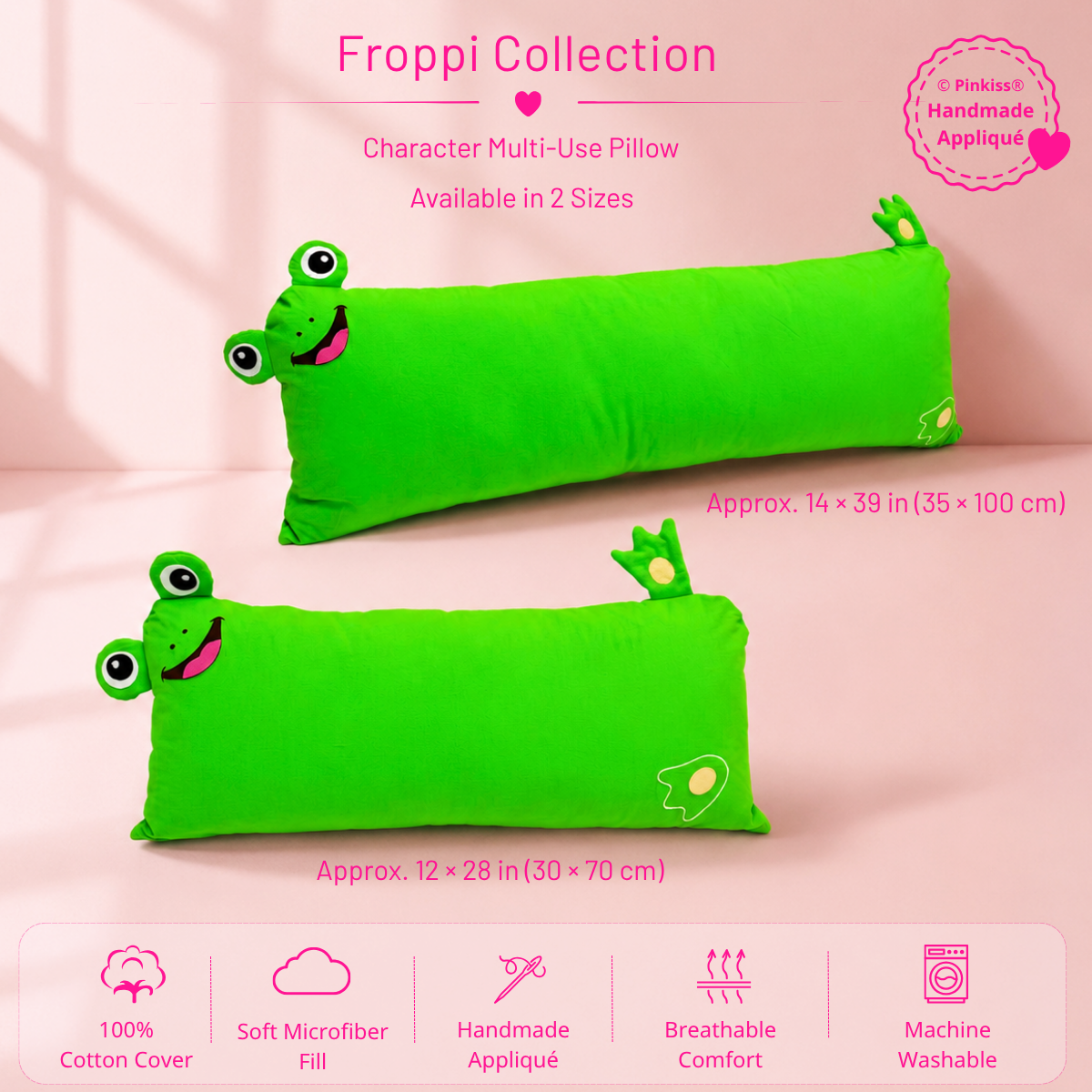Pinkiss Froppi green frog character multi-use pillow in two sizes