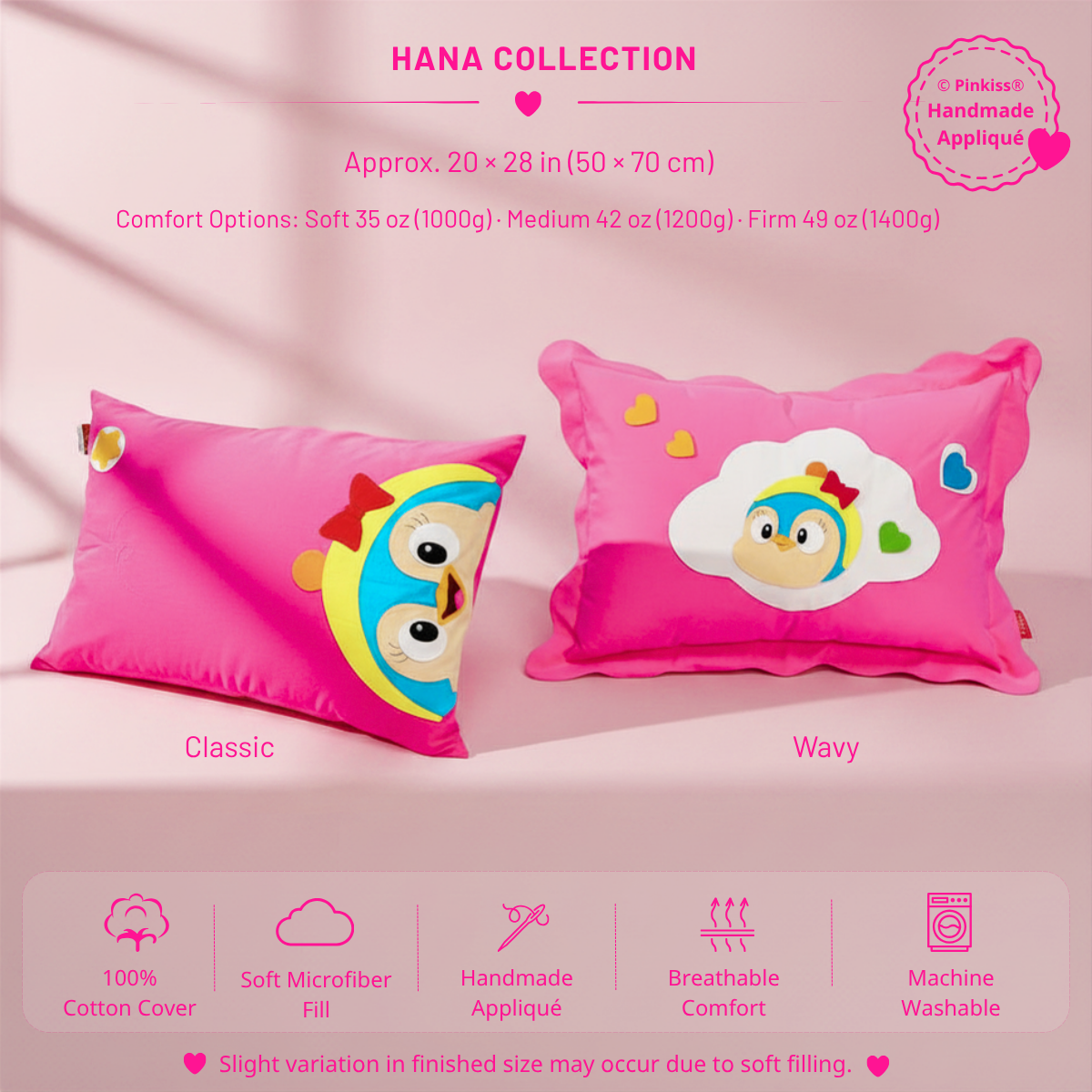 Pinkiss Hana Teen and Adult Sleep Pillow pink color options with handmade appliqué