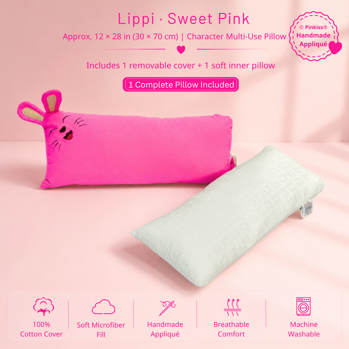 Lippi pink bunny Character Multi-Use Pillow, approx. 12 by 28 inches
