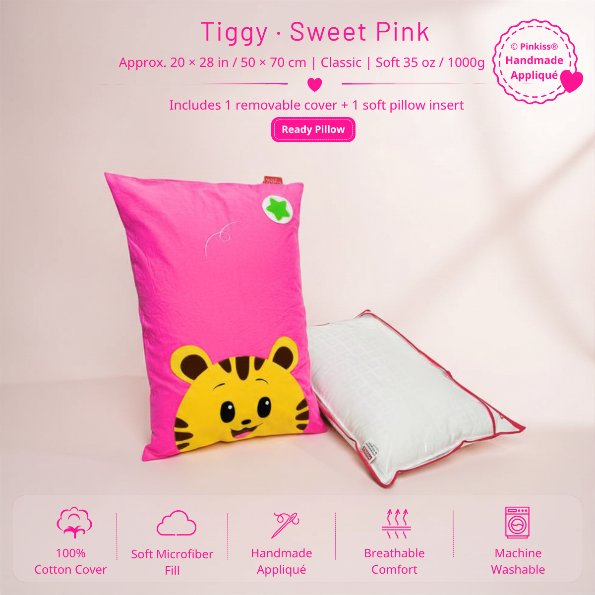 Tiggy Sweet Pink Teen and Adult Sleep Pillow in Soft Classic style