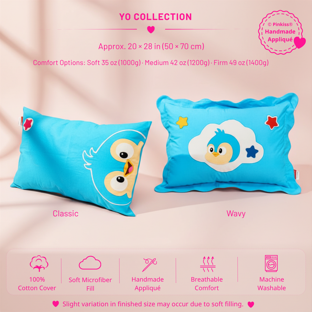 Pinkiss Yo Teen and Adult Sleep Pillow color options with handmade appliqué