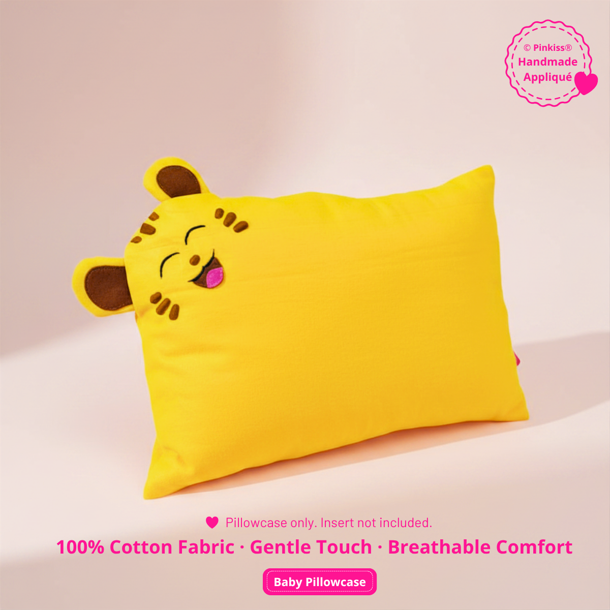 Pinkiss Baby Pillowcase in Sunshine Yellow with Tiggy handmade appliqué, pillowcase only